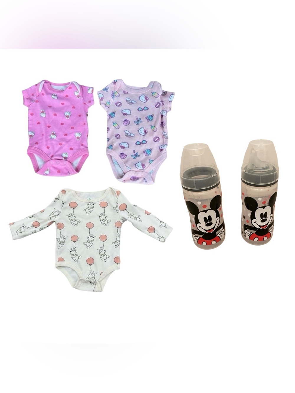 Disney Winnie the Pooh Hello Kitty Body Suit Bundle & Mickey Nuk Bottle Pair